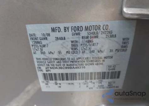 2009 Ford Edge Se z USA, uszkodzony, nr VIN 2FMDK36C99BA49316